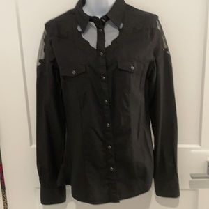 Guess black snap front blouse W/sheer inserts Med